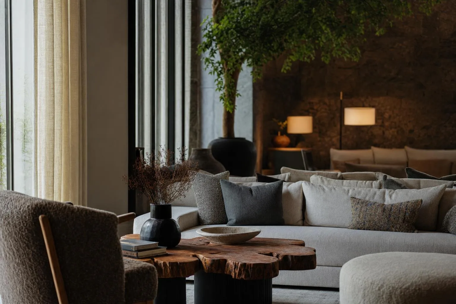 Warm restaurant interior with timber, brass and soft evening light
