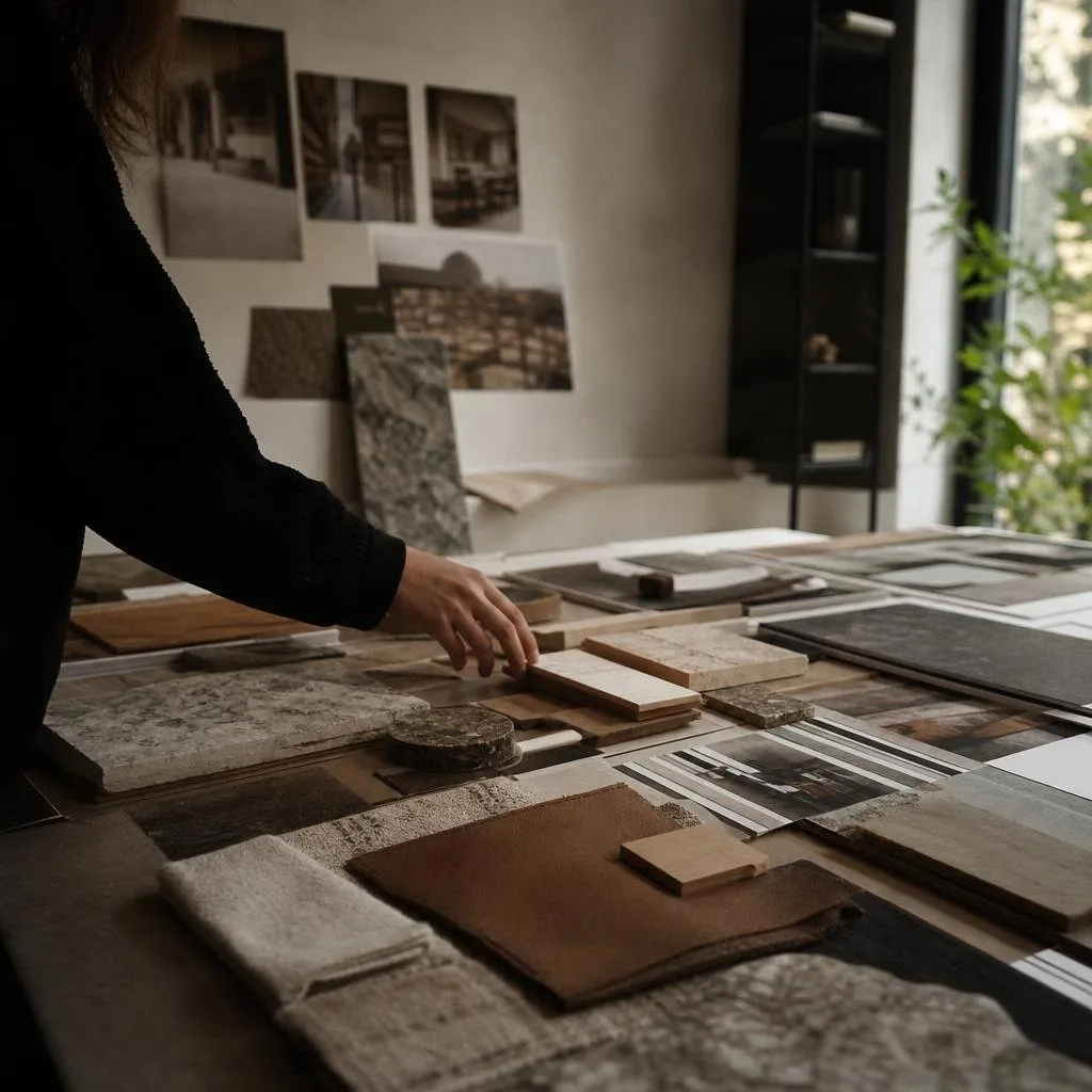 Hospitality design studio workspace with material samples